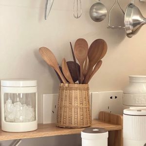 Retro Bamboo Woven Storage Tube Kitchen Utensil Cage Chopsticks Drain Rack High Aesthetic Spoon Chopstick Stand Pen Holder