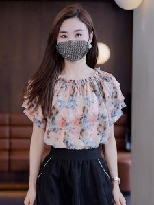 Floral Print Chiffon Shirt Womens Summer New Style Bell Sleeve One-Shoulder Slimming Top Fashionable Commute Cool Sensation