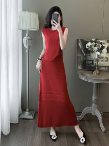 Red Fashion Knitted Ice Silk Vest And Skirt Set Womens Slim Fit Sleeveless New Style Two Piece Dress Half Length Skirt