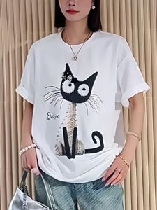 Heavy Work Embellished Cat Beads Round Neck Womens Top T-Shirt