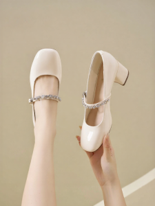 Josiny | Coarse Heel Mary Jane Shoes Water Drill Single Buckle Open Mouth High Heel Shoes