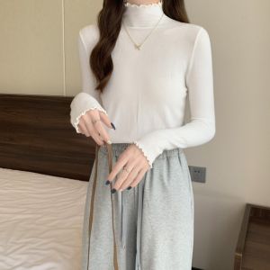 New knitted round neck lettuce long sleeve blouse