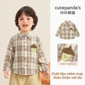 CUTEPANDAS | Áo Sơ Mi Bé Trai Vải Cotton Thuần Họa Tiết Kẻ Caro Phong Cách Preppy Hình Hoạt Hình