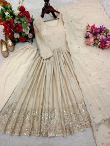[PRE-ORDER] 2026 APRIL EMBROIDERED CHINON SILK ANARKALI GOWN SET WITH DUPATTA ( DELIVERY 10 WORKING DAYS) ETA: 2026- 08-30 | ELEGANT PARTY WEAR GOWN WITH REAL MIRROR HANDWORK | DESIGNER BEIGE ANARKALI GOWN FOR WOMEN WITH EMBROIDERY WORK