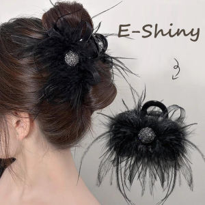 Black Feather Hairpin Claw for Women Back Head Shinny Bow Hair Grab Shark Clip Hairpins Headdress