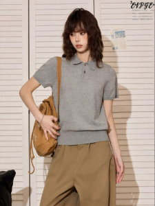EVPGB | Áo Polo Xám Ngắn Tay Đan Retro Mỏng Cho Mùa Hè