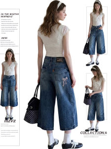 MZVZ | American Vintage Bow Embroidered Lightining Pattern Wide Leg Capri Jeans