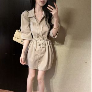 GUZILIAN | Summer New Vintage Polo Collar Dress Short Sleeve Drawstring Waist Slimming Fashion Short Skirt Korean Style Womens Dress