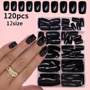 120Pcs Glossy Black Medium Square Fake Nails 12 Sizes Full Cover Press On Nail Solid False Fingertips for Women Daily Manicure