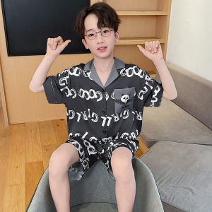 miiow | Ice Silk Summer Pajamas For Boys Short Sleeve Thin Breathable Fashionable Home Clothes Catman 2025 New Style Polyester Fiber