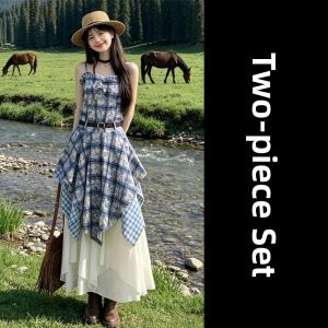 PEIZIXUAN | French Vacation Style Blue Check Two-Piece Dress