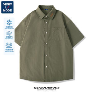 Genio Lamode Mens Retro Workwear Shirt Loose Long Sleeve Ice Silk Thin Outerwear Breathable Moisture Wicking Spring Autumn