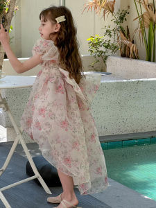 Váy Công Chúa Đuôi Dài Cho Bé Gái Mùa Hè 2025 Váy Cotton Pha Trộn Ngọt Ngào Họa Tiết Hoa Cho Trẻ Em Váy Ngắn Tay Không Tay