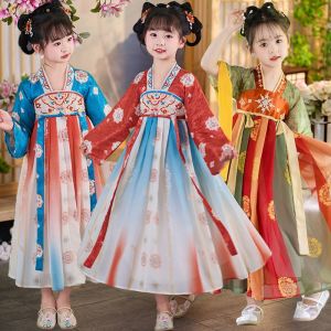 Hanfu ชุดกระโปรงแขนกว้างบางสำหรับเด็กผู้หญิงชุดสไตล์จีนสง่างามชุดจีนโบราณสำหรับฤดูร้อน