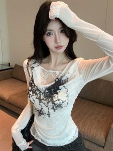 GUZILIAN | Lace Trim Mock Two-Piece Sleeveless Long-Sleeve T-Shirt Women Summer Pure Desire Spicy Girl One-Shoulder Oblique Shoulder Top