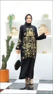 Gamis Abaya Turkey Dress Turki Baju Muslim Wanita Arab Dubai Ainun Gold Busui Dewasa Warna Hitam Jetblack Bordir Terbaru 2022 Viral Kekinian Simple Elegan Mewah YM deFashion