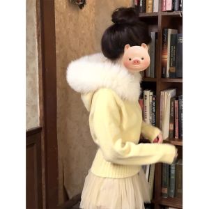 Ladies Short Knitted Cardigan Coat with Double Zipper And Fur Collar Korean Style Commute Wind White Sweatshirt Outerwear