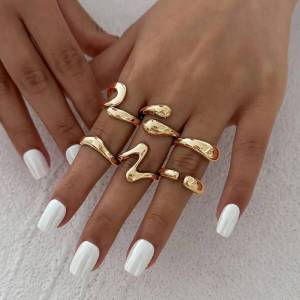 IngeSight.Z 6Pcs/set Punk Gold Color Geometric Open Rings Women Exaggerated Metal Smooth Adjustable Finger Ring Jewelry Gift New