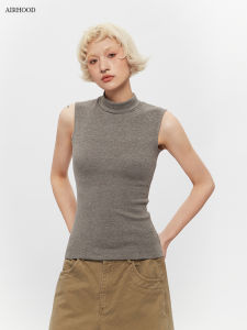 Airhood Summer New Style Womens Sleeveless High Collar Slim Fit Base Layer Hot Girl Top Inner Wear T-Shirt Short Length Solid Color