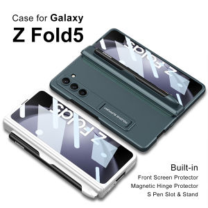 S Pen Holder Z Fold 6 Standing Case Back&Front Cover Magnetic Hinge Samsung Galaxy Z Fold6 Casing 360° Full Protection Anti-Drop Durable Hard PC Phone Case with Tempered Glass