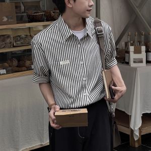 Korean Style Men Summer Half Sleeves Shirt Loose Trendy Sense Easiest for Match Ins Style Casual Stripes Shirt Short Sleeve