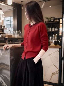 Red Knitted Sweater Womens Short Style Outerwear Shawl Collar Long Sleeve round Neck Pure Color Cashmere Coat for Early Autumn