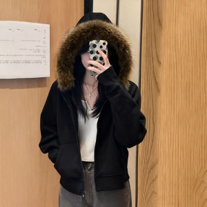 SUHUIQIAN | Black Fur Collar Women Autumn Winter Coat Thickening Hoodie