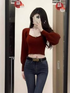 HUOLISI | Slim Short Red Knit Sweater
