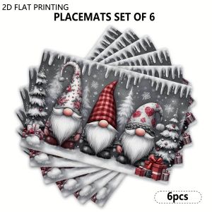 VIKAMA 4/6PC Christmas Dish Mat Grey Bottom Red Hat White Beard Snowflake Pine Table Restaurant Christmas Decoration