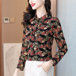 MAIMEI | Fashionable Slim Fit Womens Shirt Vintage Style Autumn Season Polyester Blend Long Sleeve Stand Collar Cover Up Top