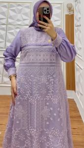 Mula Store - Gamis Organza Bordir Motif Bolong Mix Maxmara Silk Model Kancing Lepas Pasang