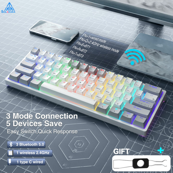 SOLAKAKA Hot-swappable Wireless Mechanical Keyboard 61 Keys RGB Backlit Bluetooth+2.4G Wireless+Type-C Wired 3-mode Connection Gaming Keyboard (SK961 )