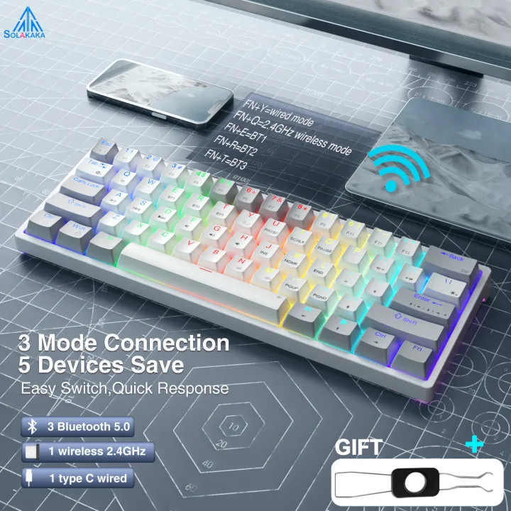 SOLAKAKA Hot-swappable Wireless Mechanical Keyboard 61 Keys RGB Backlit Bluetooth+2.4G Wireless+Type-C Wired 3-mode Connection Gaming Keyboard (SK961 )