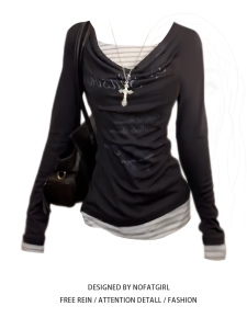 plus Size American Retro Apparatus Two-Piece Long Sleeve T-Shirt Women Early Autumn New Slimming Stylish Top Casual Style