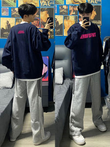 American Style Vintage Dark Blue Mens Sweatshirt round Neck Spring Autumn Versatile Print Heavyweight Casual Streetwear