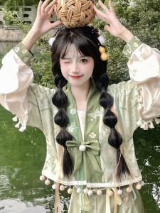 New Han Element Button-Up Collar round Neck Outfit Cute Slimming Set Student Daily Spring Autumn Fashion Ladies Traditional Chinese Clothing