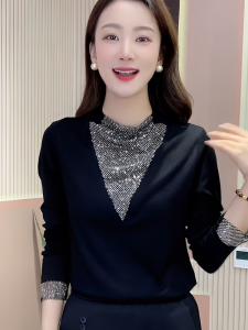 2025 New Fashion Half High Collar Long Sleeve Diamond Embellished Base Shirt for Middle-Aged Women Elegant Single-Piece Top