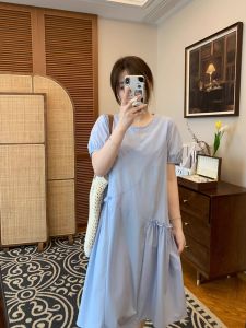 Maxisi Womens Summer Loose Fit A-Line Dress Conceal Meat Slimming Effect Pure Color Short Sleeve round Neck Commute Style