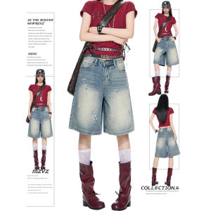 MZVZ | Quần Short Jean Đùi Rộng Cao Cổ Màu Xanh Retro Mỹ 5 分