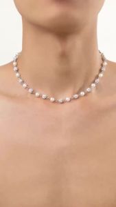 Ingemark Exquisite Trend Imitation Pearls Rhinestone Chokers Necklace Men Vintage Silver Color Acrylic Neck Chain Couple Jewelry