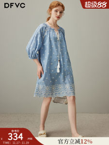 French Gentle Style Pure Cotton Embroidered Shirt Dress Womens Summer New Loose Dress with Bow Tie Seven Sleeve Short Skirt