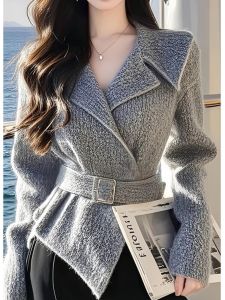 Elegant Grey Coat Womens Fashion Unique Stylish Waist-Cinching Top V-neck Long Sleeve Woolen Outerwear Autumn Winter New Arrival