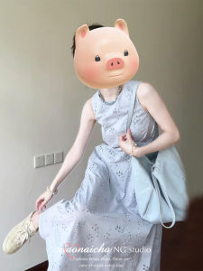 ชุดเดรสยาวแขนกุดสีน้ำเงินสไตล์ฝรั่งเศสสำหรับผู้หญิงในช่วงฤดูร้อน ชุดเดรสยาวเอวสูง ชุดเดรสยาวแขนกุด ชุดเดรสยาวเอวสูง