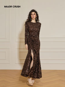 Elegant French Retro Brown Gold Dress