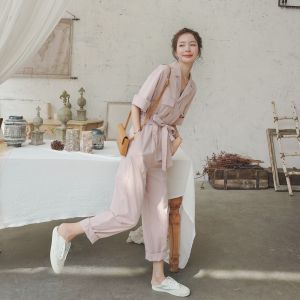 Pink Slimming Thin Womens Overall Pantsuit High Waist Nine Points Casual Pants Fashionable Lightweight Workwear Suit