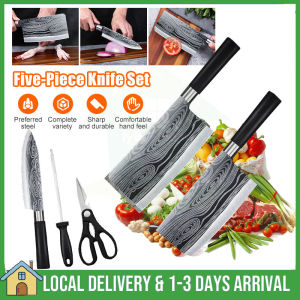 Kitchen Knife Set 5PCS Stainless Steel Boning knife Cleaver Slicing Chef Knife Scissors Sharpener Stick Dapur Pisau Gunting set 厨房便携式5件刀具套装