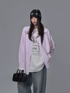 Áo Sơ Mi Nữ Dáng Rộng Dài Tay Họa Tiết Sọc Màu Hồng LIL CHER Đầu Xuân Giới Hạn Phong Cách Công Sở Phong Cách Hàn Quốc Thường Ngày