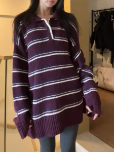 QINGNAER | American Vintage Loose Stripe Casual Big Size Mid-Length Sweater