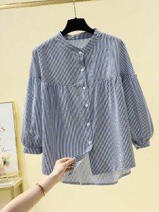 เสื้อเชิ้ตผู้หญิงแขนยาวบางสบายๆ ทรงหลวม คอปกสูง ลายทาง แฟชั่นฤดูร้อน 2023 เสื้อเชิ้ตผู้หญิงอเนกประสงค์