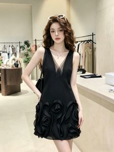 French Hepburn Style Black V-Neck Backless Dress